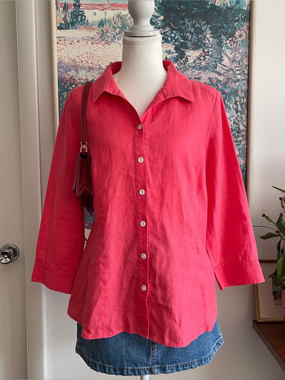 Lafayette 148 Linen Button Down Shirt Women's 10 Coral Pink 3/4 Sleeve Luxury - Picture 1 of 10
